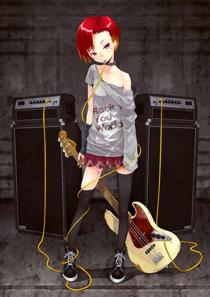 Anime picture 1000x1414 with original risou (maeda risou) single tall image short hair red eyes red hair girl thighhighs skirt black thighhighs miniskirt pantyhose sweater collar musical instrument wire (wires) guitar bass guitar