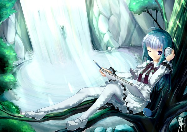 Anime picture 3507x2480 with original silversirius single long hair highres blue eyes sitting absurdres white hair one eye closed wink waterfall hand on headphones tree sitting girl dress plant (plants) tree (trees) water shoes