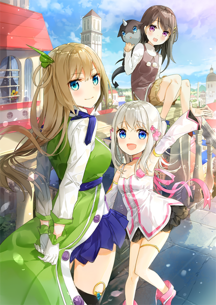 Anime picture 569x800 with original fuumi (radial engine) long hair tall image looking at viewer blush fringe breasts blue eyes blonde hair sitting purple eyes multiple girls sky cloud (clouds) ahoge bent knee (knees) outdoors white hair pleated skirt