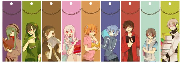 Anime picture 4300x1500 with kagerou project shaft (studio) mary (kagerou project) ene (kagerou project) kido tsubomi kano shuuya kisaragi momo seto kousuke long hair looking at viewer fringe highres short hair open mouth blue eyes smile red eyes brown hair wide image twintails