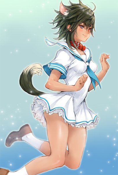 Anime picture 814x1200 with lord of vermilion lord of vermilion iii deed (lord of vermilion iii) makimura shunsuke single tall image looking at viewer fringe short hair blue eyes light erotic smile hair between eyes red eyes brown hair animal ears bent knee (knees) tail animal tail heterochromia
