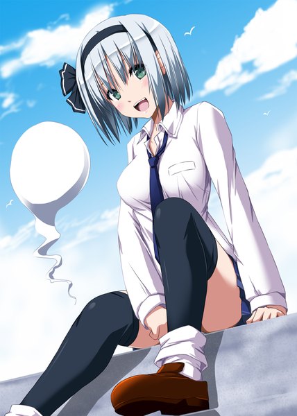 Anime picture 1488x2088 with touhou konpaku youmu nori tamago single tall image looking at viewer blush short hair open mouth blue eyes silver hair ghost girl thighhighs skirt black thighhighs miniskirt shirt necktie hairband