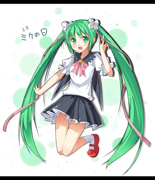 Anime picture 1075x1245 with vocaloid hatsune miku amemiya ruki single tall image blush open mouth twintails green eyes very long hair hair flower green hair victory letterboxed polka dot jumping polka dot background 39 girl skirt
