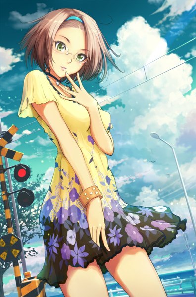 Anime picture 700x1060 with original haitaka single tall image looking at viewer blush short hair smile brown hair green eyes sky cloud (clouds) floral print finger to mouth revision railroad crossing girl dress plant (plants) animal