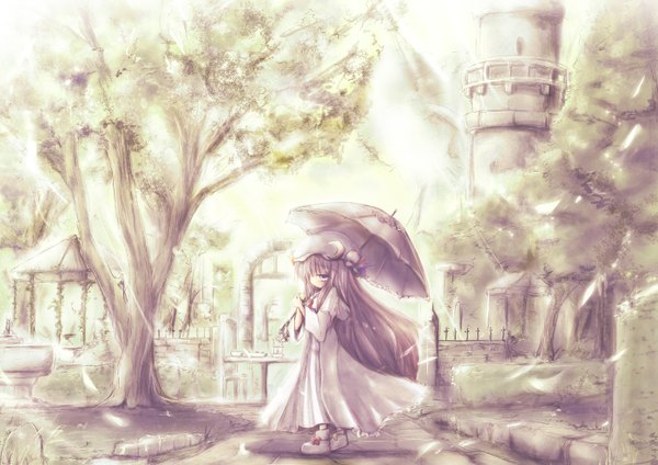 Anime picture 1400x990 with touhou patchouli knowledge single blush fringe purple eyes purple hair very long hair hair over one eye landscape girl dress plant (plants) tree (trees) leaf (leaves) umbrella bonnet