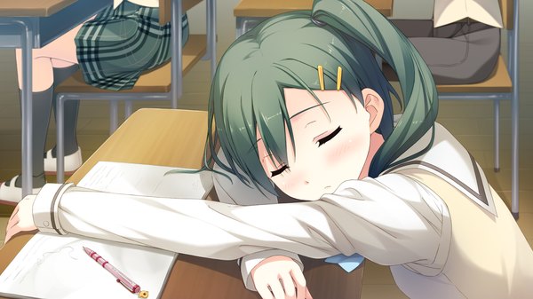 Anime picture 1920x1080 with your diary enomoto kaho kantoku long hair blush highres wide image game cg eyes closed green hair one side up sleeping girl uniform school uniform desk