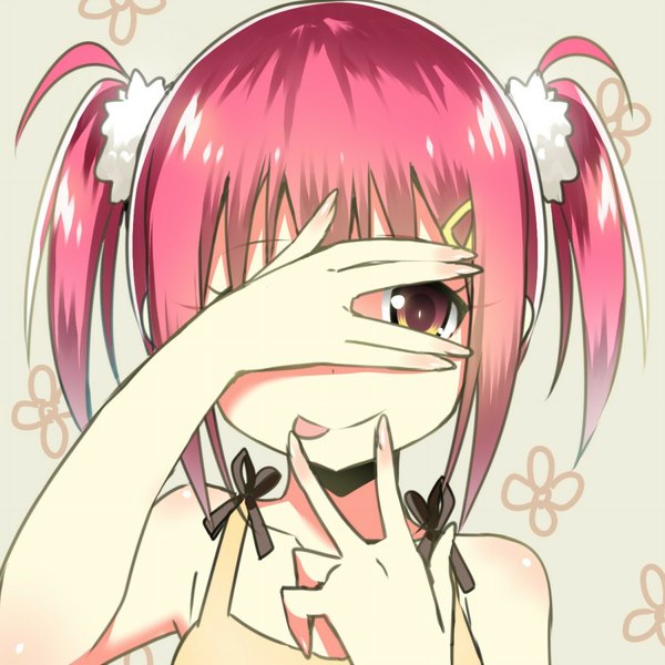 Anime picture 1000x1000 with original sky-freedom single looking at viewer short hair twintails pink hair short twintails close-up face covering covering face girl flower (flowers) tongue