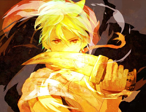 Anime picture 800x618 with magi the labyrinth of magic a-1 pictures ali baba saluja single looking at viewer fringe short hair blonde hair holding traditional clothes orange eyes magic eyebrows boy weapon dagger arabian clothes
