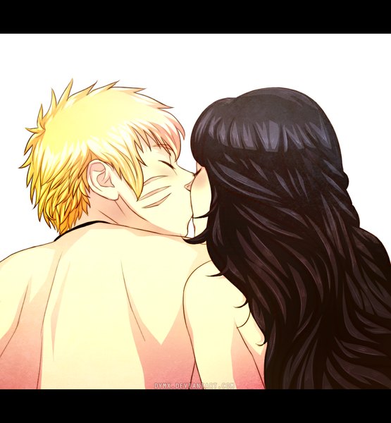 Anime picture 1000x1080 with naruto studio pierrot naruto (series) uzumaki naruto hyuuga hinata dymx (artist) long hair tall image short hair black hair simple background blonde hair white background eyes closed from behind couple facial mark kiss whisker markings jinchuriki