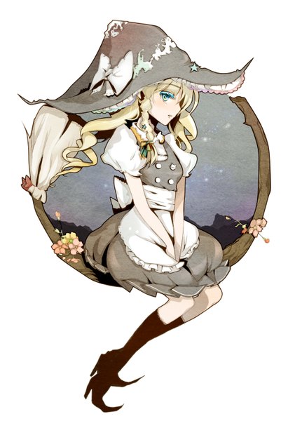 Anime picture 1000x1426 with touhou kirisame marisa nakaikane single long hair tall image looking at viewer blue eyes simple background blonde hair white background sitting braid (braids) profile girl hat witch hat knee boots broom