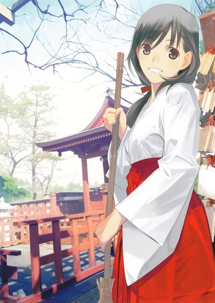 Anime picture 2182x3070 with original eshi 100-nin ten mibu natsuki long hair tall image highres black hair smile brown eyes traditional clothes miko girl plant (plants) tree (trees) broom