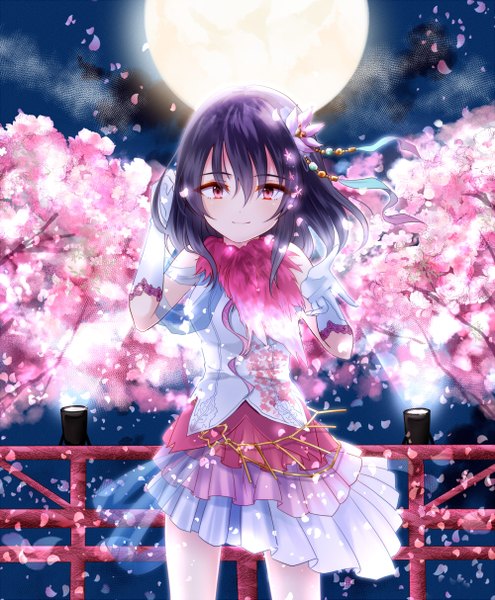 Anime picture 1000x1213 with idolmaster idolmaster cinderella girls fujiwara hajime uranaishi (miraura) single long hair tall image looking at viewer black hair red eyes cherry blossoms girl dress petals moon