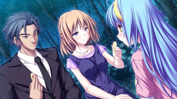 Anime picture 1920x1080 with maikaze no melt hiiragi tsukino hiiragi mina tenmaso long hair highres short hair black hair blonde hair wide image purple eyes multiple girls yellow eyes blue hair game cg girl 2 girls