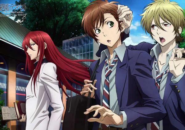 Anime picture 1500x1057 with zetsuen no tempest studio bones fuwa mahiro takigawa yoshino kusaribe samon saito tsunenori (artist) long hair short hair open mouth blonde hair red eyes brown hair green eyes sky red hair multiple boys grey eyes open collar street boy