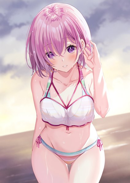 Anime picture 2893x4092 with fate (series) fate/grand order mash kyrielight mash kyrielight (swimsuit of perpetual summer ver.02) harimoji single tall image looking at viewer blush fringe highres short hair light erotic standing purple eyes purple hair outdoors indoors parted lips arm up