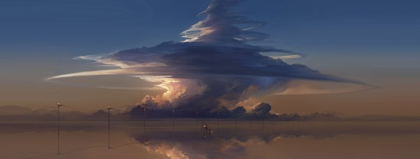 Anime picture 2000x763 with hanyijie highres wide image sitting sky cloud (clouds) horizon landscape scenic girl boy water lantern paint ladder