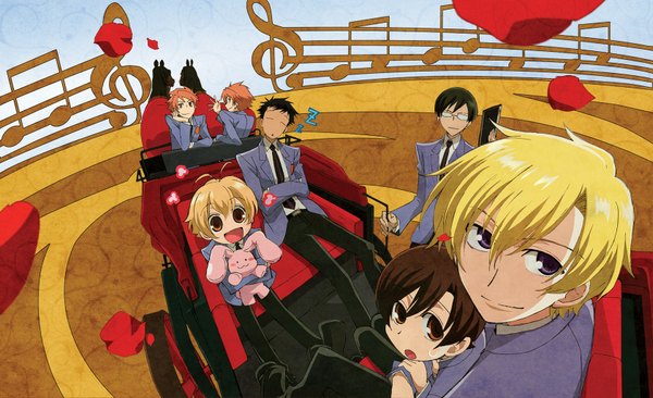 Anime picture 1680x1026 with ouran high school host club studio bones fujioka haruhi suou tamaki hitachiin kaoru hitachiin hikaru ootori kyouya haninozuka mitsukuni morinozuka takashi ningen (nattoli) short hair blonde hair brown hair wide image white hair multiple boys wallpaper group sleeping siblings