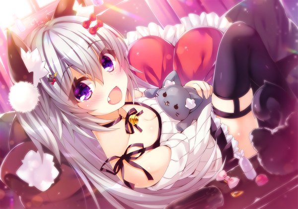 Anime picture 1707x1200 with original oziko (ojitcha) ojitcha single long hair looking at viewer blush fringe highres open mouth hair between eyes purple eyes animal ears silver hair tail :d animal tail cat ears off shoulder cat girl