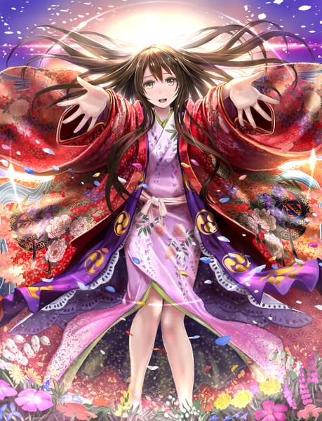 Anime picture 1300x1700 with original tetrapod (youhei 1985) single long hair tall image looking at viewer brown hair standing brown eyes traditional clothes japanese clothes lens flare outstretched arm girl flower (flowers) plant (plants) petals kimono grass