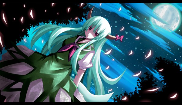 Anime picture 4500x2604 with touhou kamishirasawa keine ex-keine shineka long hair highres red eyes wide image absurdres horn (horns) green hair night girl bow plant (plants) petals tree (trees) moon