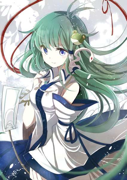 Anime picture 2507x3541 with touhou kochiya sanae fumiko (miruyuana) single long hair tall image highres blue eyes smile traditional clothes green hair miko girl hair ornament ribbon (ribbons) detached sleeves hairclip hair tubes snake gohei