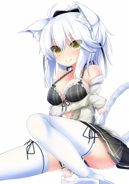 Anime picture 1000x1421 with original kazu kakao long hair tall image looking at viewer light erotic simple background white background animal ears yellow eyes white hair cat ears open clothes cat girl cat tail open shirt girl thighhighs skirt miniskirt