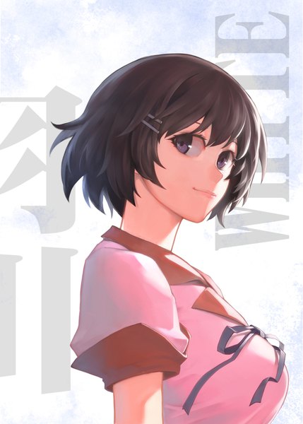 Anime-Bild 788x1102 mit bakemonogatari shaft (studio) monogatari (series) hanekawa tsubasa gamerag single tall image short hair breasts black hair purple eyes upper body lips short sleeves text girl uniform hair ornament school uniform bobby pin