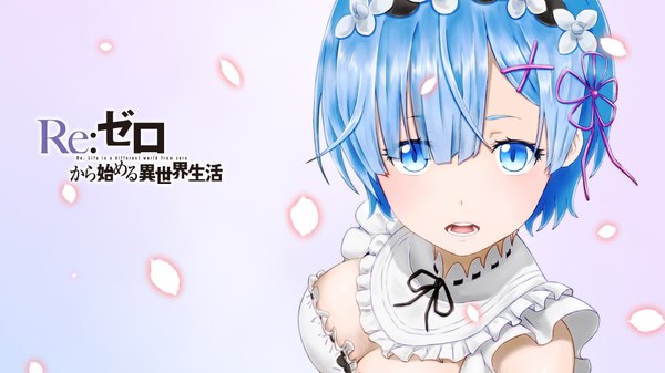 Anime picture 1920x1080 with re:zero kara hajimeru isekai seikatsu white fox rem (re:zero) parsue single looking at viewer fringe highres breasts open mouth blue eyes light erotic simple background hair between eyes wide image large breasts blue hair cleavage upper body blunt bangs