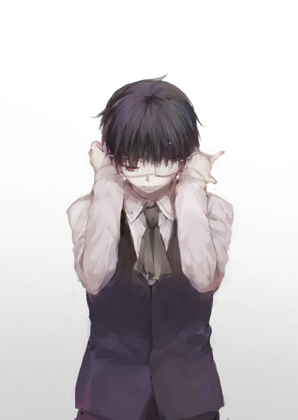 Anime picture 738x1041 with tokyo ghoul studio pierrot kaneki ken fuurin single tall image fringe short hair black hair brown eyes lips looking down boy shirt necktie white shirt eyepatch vest