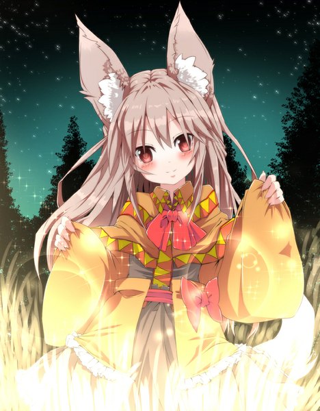 Anime picture 780x1000 with original noa (nagareboshi) single long hair tall image looking at viewer blush red eyes animal ears silver hair night girl dress bow