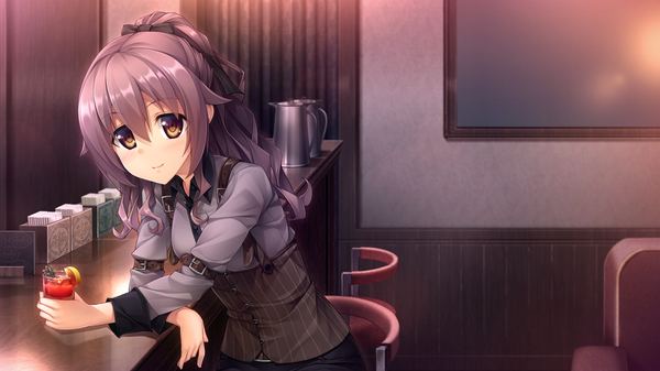 Anime picture 1280x720 with hataraku otona no ren'ai jijou akabei soft3 naruto tomoe single long hair looking at viewer blush wide image brown eyes game cg purple hair girl bow hair bow drink