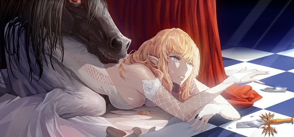 Anime picture 1071x500 with original hidezi single fringe breasts blue eyes light erotic wide image large breasts bare shoulders orange hair leaning leaning forward tears light elf crying checkered floor breast press wedding