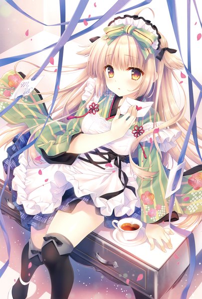 Anime picture 2367x3500 with melonbooks tatekawa mako single long hair tall image looking at viewer blush fringe highres blonde hair yellow eyes payot ahoge traditional clothes japanese clothes from above scan arm support two side up wa maid