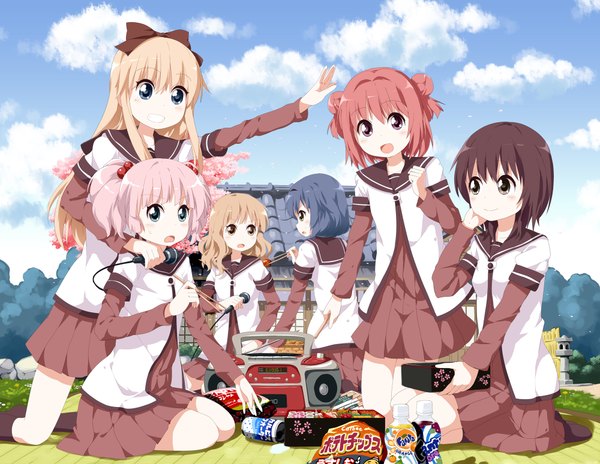 Anime picture 2000x1548 with yuru yuri doga kobo fanta toshinou kyouko akaza akari yoshikawa chinatsu funami yui oomuro sakurako furutani himawari ruu (tksymkw) long hair blush highres short hair open mouth blue eyes blonde hair smile sitting purple eyes