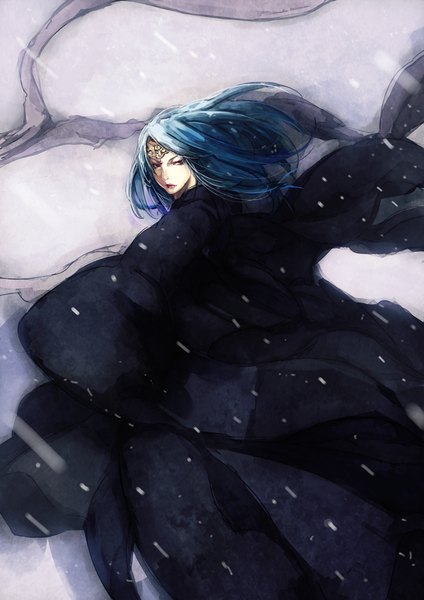 Anime picture 1240x1754 with ian olympia single long hair tall image blue hair looking back wind lips black eyes girl
