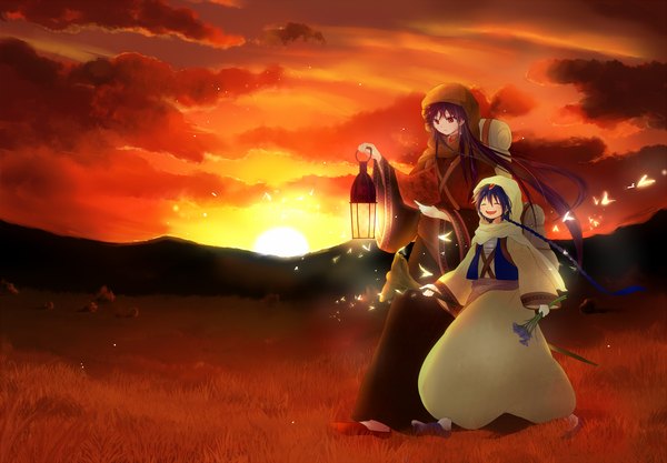 Anime picture 2267x1577 with magi the labyrinth of magic a-1 pictures aladdin (magi) sinbad (magi) monarin long hair highres open mouth red eyes blue hair sky purple hair cloud (clouds) braid (braids) eyes closed evening light sunset field red sky