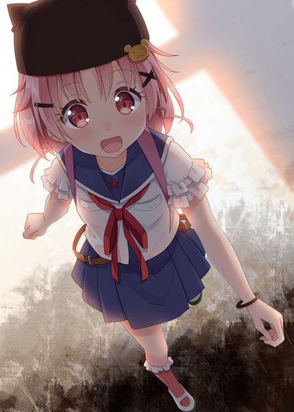 Anime picture 800x1119 with gakkou gurashi! takeya yuki hyuuga azuri single long hair tall image blush open mouth pink hair :d pleated skirt from above walking girl skirt uniform hair ornament hat socks serafuku