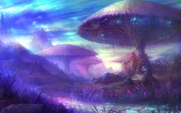 Anime picture 2000x1249 with aion nc japan (pixiv) highres wide image cloud (clouds) landscape fantasy scenic road