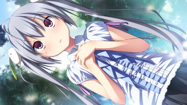 Anime picture 1280x720 with material brave giga kamine mashiro kikuchi seiji long hair blush red eyes wide image twintails game cg grey hair loli girl