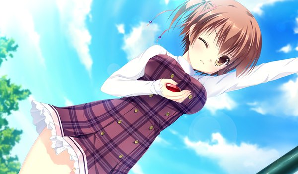 Anime picture 1024x600 with da capo iii hinomoto aoi takano yuki (allegro mistic) short hair brown hair wide image brown eyes game cg cloud (clouds) one eye closed wink one side up girl dress