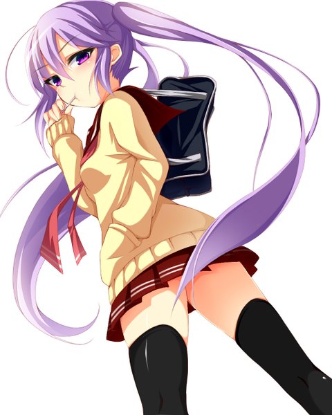 Anime picture 1024x1280 with original kinta (distortion) long hair tall image simple background white background purple eyes twintails purple hair looking back mouth hold girl thighhighs skirt uniform black thighhighs school uniform miniskirt sweater