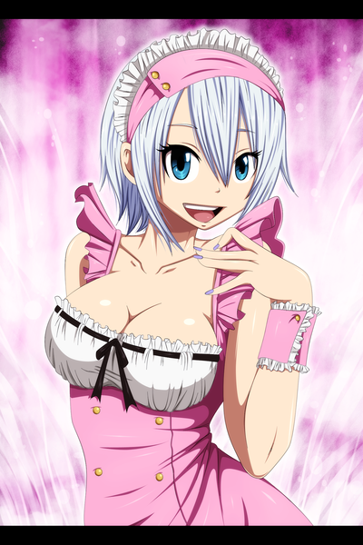 Anime picture 1433x2151 with fairy tail lisanna strauss belucen single tall image short hair open mouth blue eyes smile bare shoulders white hair nail polish maid coloring pink background girl headdress maid headdress wrist cuffs