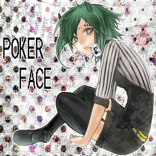 Anime picture 1100x1100 with vocaloid poker face (vocaloid) gumi tcb (pixiv) single short hair sitting horn (horns) green hair mouth hold face paint joker girl thighhighs shirt shorts garter straps card (cards)