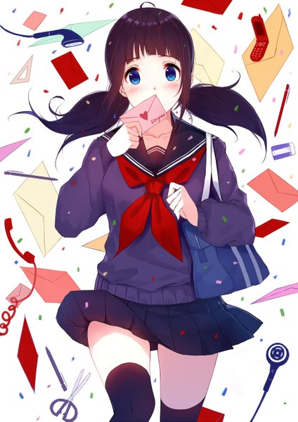 Anime picture 950x1343 with original caidychen single long hair tall image looking at viewer blush blue eyes black hair twintails girl thighhighs skirt uniform black thighhighs serafuku phone love letter