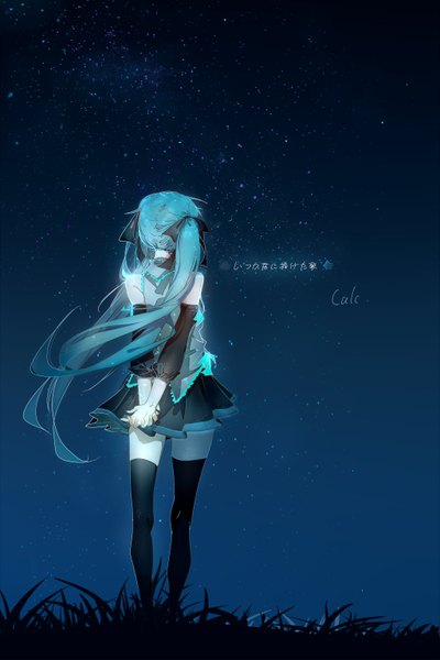 Anime picture 2048x3072 with vocaloid hatsune miku yyb sanmuyyb long hair tall image highres twintails ahoge pleated skirt from behind aqua hair inscription night zettai ryouiki night sky hands behind back girl thighhighs skirt