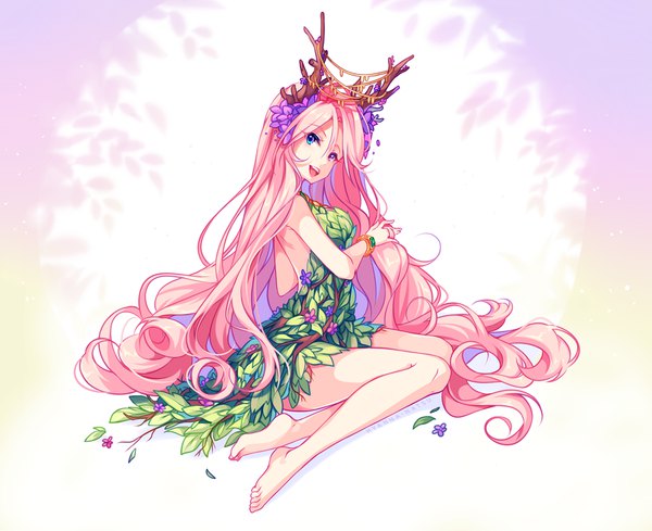 Anime picture 1023x835 with original hyanna-natsu single looking at viewer fringe breasts open mouth smile hair between eyes sitting purple eyes bare shoulders pink hair full body bent knee (knees) very long hair :d barefoot hair flower horn (horns)