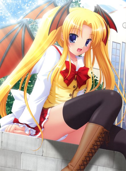 Anime picture 2344x3176 with yuyi long hair tall image highres open mouth blue eyes light erotic blonde hair sitting twintails pantyshot pantyshot sitting head wings girl thighhighs uniform black thighhighs school uniform wings