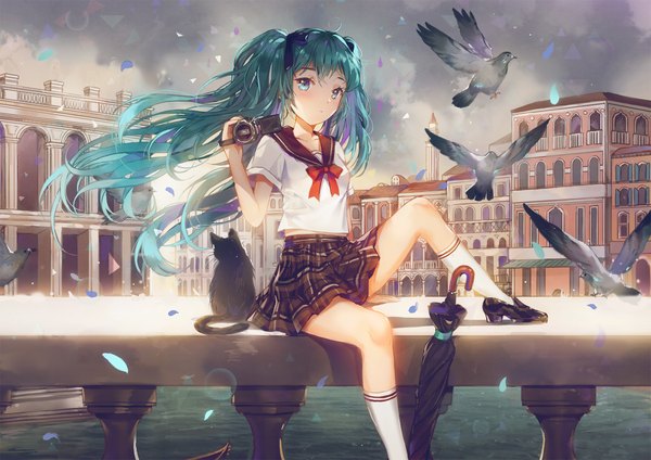 Anime picture 1700x1202 with vocaloid hatsune miku dangmill single long hair looking at viewer blush fringe sitting twintails sky cloud (clouds) ahoge bent knee (knees) outdoors pleated skirt aqua eyes wind aqua hair short sleeves