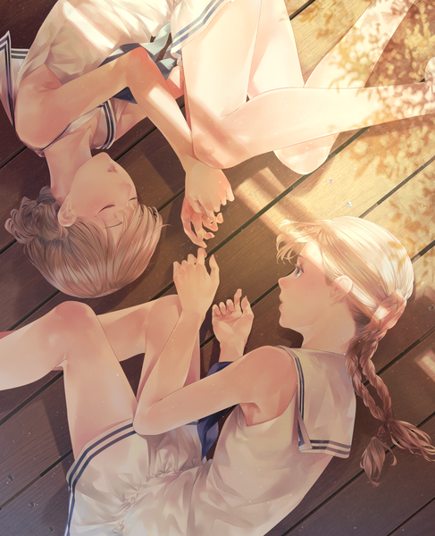 Anime picture 1200x1477 with original sousou (sousouworks) long hair tall image fringe short hair blonde hair brown hair bare shoulders multiple girls looking away bent knee (knees) braid (braids) eyes closed profile sunlight bare legs twin braids on side sleeping