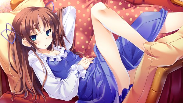 Anime picture 2048x1152 with guardian place skyfish (studio) ootori aoi tsurugi hagane long hair looking at viewer blush highres blue eyes brown hair wide image game cg legs girl dress pillow couch